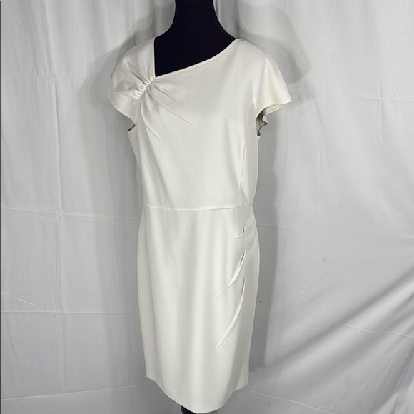 St. John Cream Asymmetrical Pleat Sheath Dress Size 10 - Picture 2 of 9